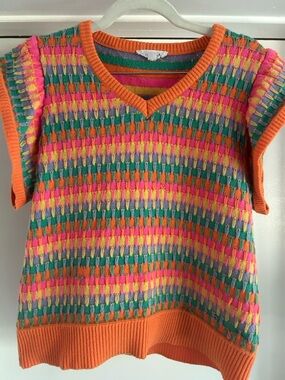 Multicolor Knit V-Neck Sweater Top - Orange Trim